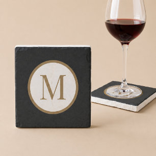 Dessous-de-verre En Pierre Monogramme personnalisé avec sceau central noir et