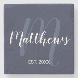 Dessous-de-verre En Pierre Monogramme personnalisé et nom de famille bleu mar