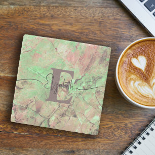Dessous-de-verre En Pierre Monogramme personnalisé Nom du script Marbre vert