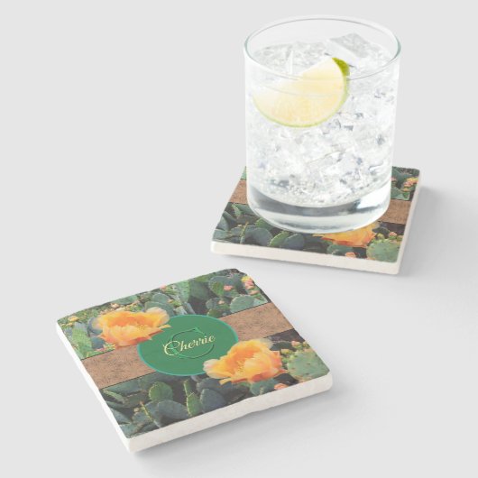 Dessous-de-verre En Pierre Monogramme personnalisé Orange Prickly Pear Cactus (Côté)