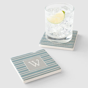 Dessous-de-verre En Pierre Monogramme personnalisé sur fond rayé turquoise et