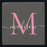 Dessous-de-verre En Pierre Monogramme rose noire moderne Nom du script fémini<br><div class="desc">Élégant noir Magenta Hot rose Monogramme Feminine Script Nom Dessous de verre de pierre</div>