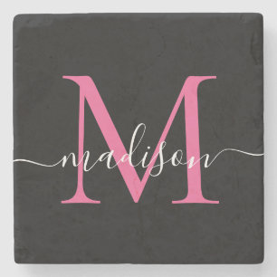 Dessous-de-verre En Pierre Monogramme rose noire moderne Nom du script fémini
