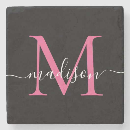 Dessous-de-verre En Pierre Monogramme rose noire moderne Nom du script fémini (Devant)