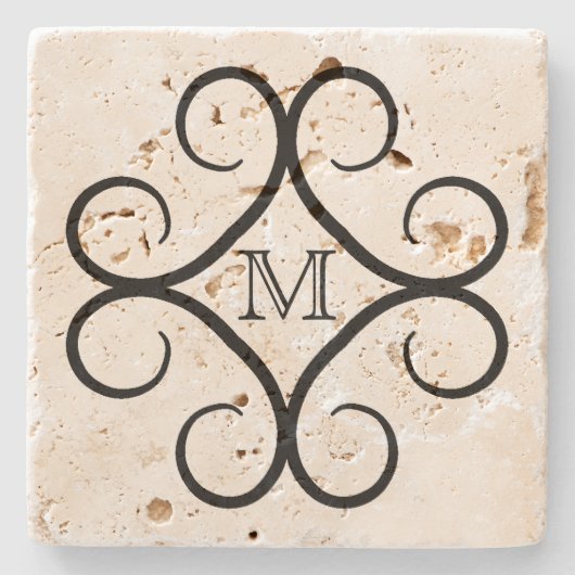 Dessous-de-verre En Pierre monogramme simple à rotation noire (Devant)
