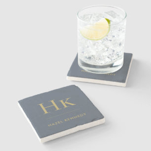 Dessous-de-verre En Pierre Monogramme Simple Nom Minimaliste Marine Blue Gold