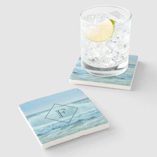 Dessous-de-verre En Pierre Monogramme Vague océanique s'écrasant sur le litto (Côté)