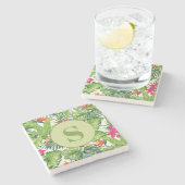 Dessous-de-verre En Pierre Monogramme vert Feuille rose floral (Côté)