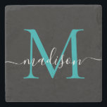 Dessous-de-verre En Pierre Monogramme vert Turquoise noir Nom du script fémin<br><div class="desc">Élégante Noire Turquoise Aqua Green Monogramme Feminine Script Nom Dessous de verre de pierre</div>