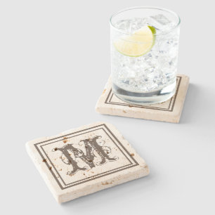 Dessous-de-verre En Pierre Monogramme vieilli Rustique en Pierre Perdue