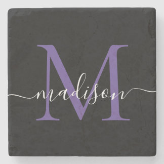 Dessous-de-verre En Pierre Monogramme violet noir Feminine Nom du script