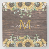Dessous-de-verre En Pierre Monogramme Yellow Sunflower Eucalyptus Bois Brown (Devant)