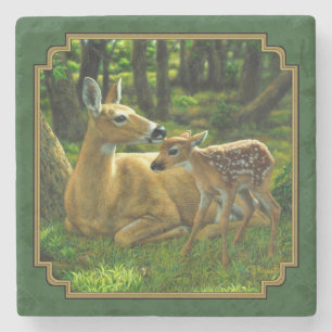 Dessous-de-verre En Pierre Mother Deer and Fawn Forest Green