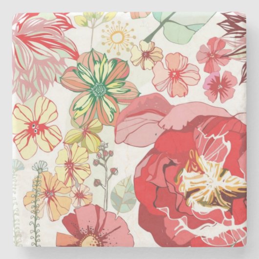 Dessous-de-verre En Pierre Motif avec les fleurs rouges (Devant)