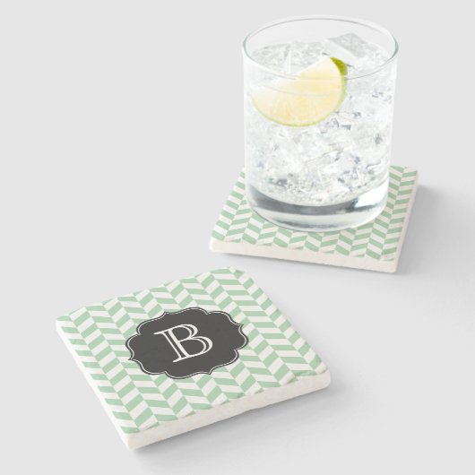 Dessous-de-verre En Pierre Motif Chevron Aqua et White Herringbone (Côté)