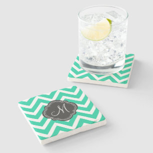 Dessous-de-verre En Pierre Motif Chevron Vert des Caraïbes avec Monogramme