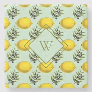 Dessous-de-verre En Pierre Motif citron et olive monogramme jaune et bleu