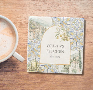 Dessous-de-verre En Pierre Motif de carreaux bleu jaune Olive Méditerranée