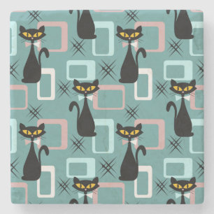 Dessous-de-verre En Pierre Motif de chat noir du milieu du siècle