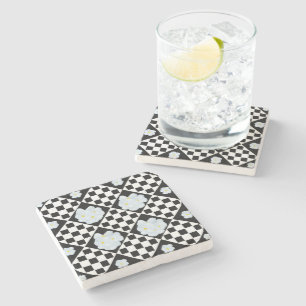 Dessous-de-verre En Pierre Motif De Pansons Blanches Et De Diamants Noirs,