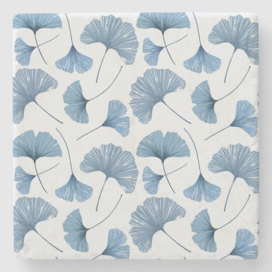 Dessous-de-verre En Pierre motif en feuille de Gingko bleu et blanc  (Devant)