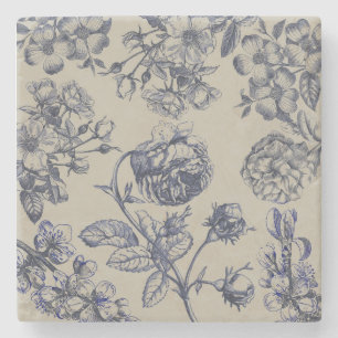 Dessous-de-verre En Pierre Motif floral botanique toile bleue vintage antique