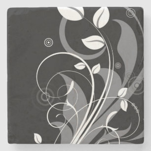 Dessous-de-verre En Pierre Motif floral gris sur le noir
