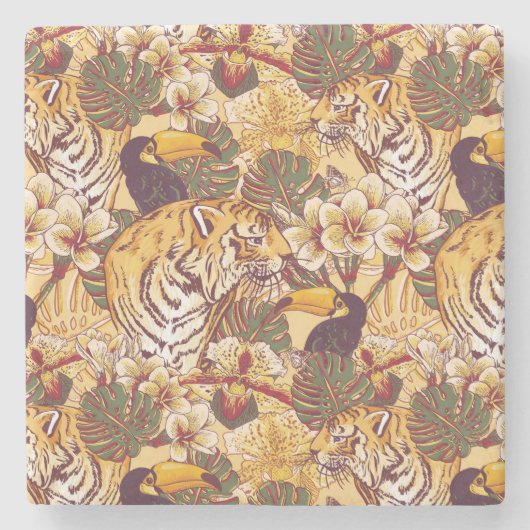 Dessous-de-verre En Pierre Motif floral tropical avec le tigre (Devant)