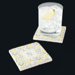 Dessous-de-verre En Pierre Motif Monogram Lemon<br><div class="desc">Un dessous de verre en pierre monogramme personnalisé chic avec citrons et motif feuille. Idéal pour un intérieur et des décors de cuisine tropicale et lumineux et jaune vif.</div>
