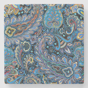 Dessous-de-verre En Pierre Motif Paisley Vibrant en Bleu sur Fond Noir