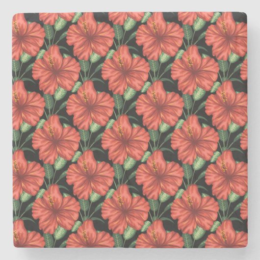 Dessous-de-verre En Pierre Motif sans couture Fleurs rouges tropicales feuill (Devant)