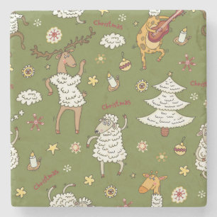 Dessous-de-verre En Pierre Moutons de Noël : Illustration Vintage animale.