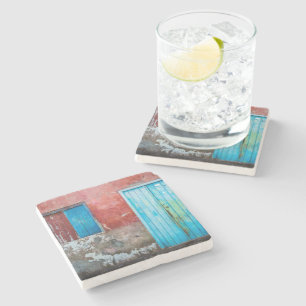 Dessous-de-verre En Pierre Mur, porte et fenêtre rouge, bleu et gris