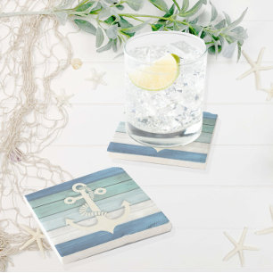 Dessous-de-verre En Pierre Nautical Blue White Distressed Wood Anchor 