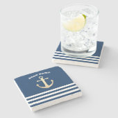 Dessous-de-verre En Pierre Nautical, Gold Anchor Navy Blue Striped (Côté)