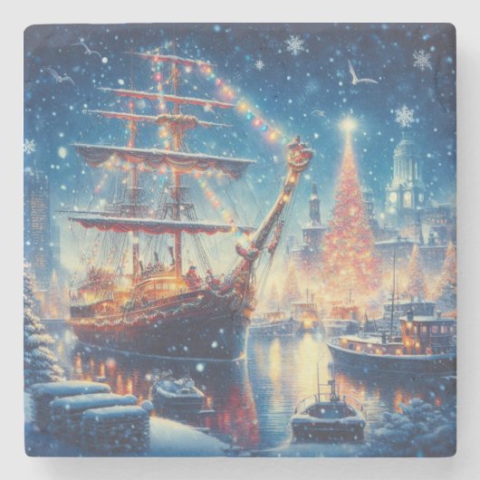 Dessous-de-verre En Pierre Navire à quai Noël/hiver (Devant)