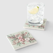 Dessous-de-verre En Pierre Noël Aquarelle Fleurs Roses Baies Pierre Coa (Côté)