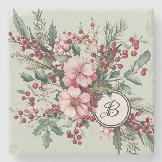 Dessous-de-verre En Pierre Noël Aquarelle Fleurs Roses Baies Pierre Coa (Devant)