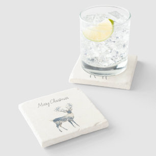 Dessous-de-verre En Pierre Noël Cerf Blanc Bleu Nordique