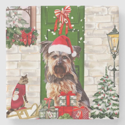 Dessous-de-verre En Pierre Noël du chien Yorkie (Devant)