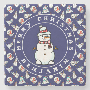 Dessous-de-verre En Pierre Noël Snowman Motif Bleu Nom Marbre