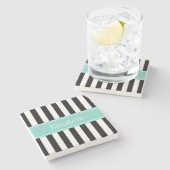 Dessous-de-verre En Pierre Noir blanc bande Turquoise Nom du ruban Monogramme (Côté)