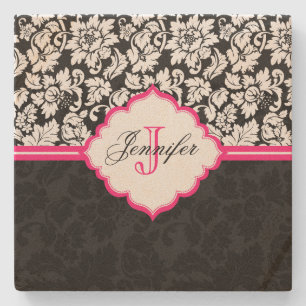 Dessous-de-verre En Pierre Noir blanc et rose Vintage Damas florales
