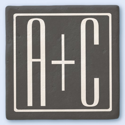 Dessous-de-verre En Pierre Noir & Blanc | Initiales de couple