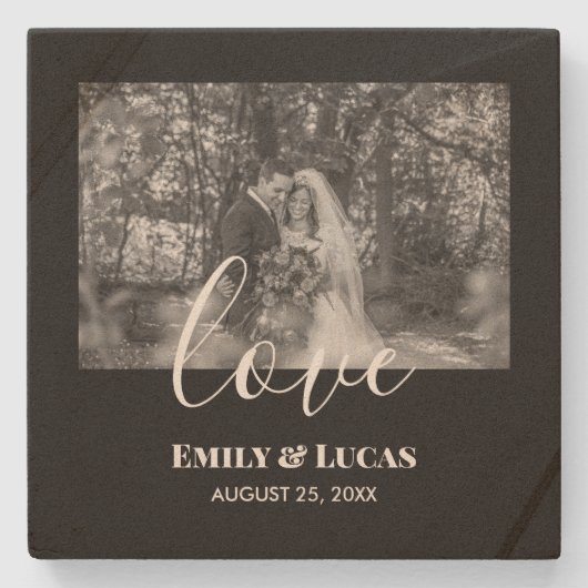 Dessous-de-verre En Pierre Noir Blanc Personnalisé Mariage Photo Simple Éléga (Devant)