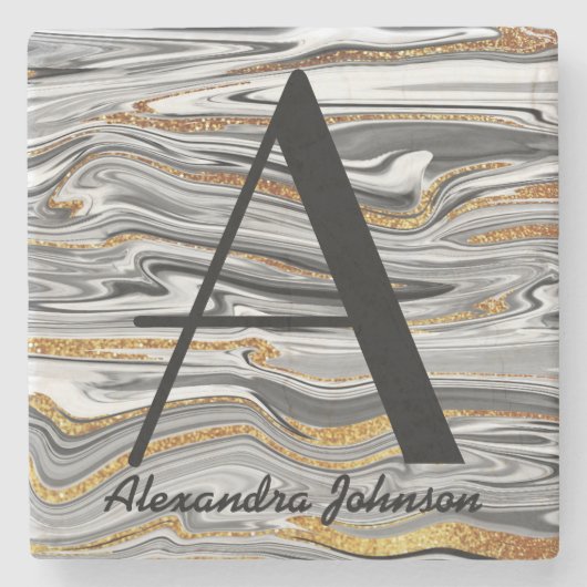 Dessous-de-verre En Pierre Noir marbré blanc et Parties scintillant or Monogr (Devant)