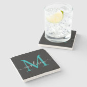 Dessous-de-verre En Pierre Noir Turquoise Monogramme vert Nom du script fémin (Côté)