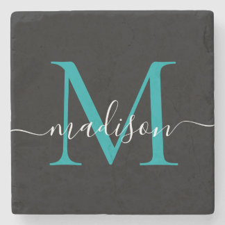 Dessous-de-verre En Pierre Noir Turquoise Monogramme vert Nom du script fémin