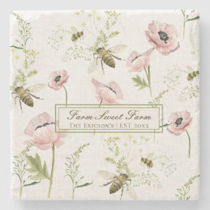 Dessous-de-verre En Pierre Nom de famille Farm Sweet Farm poppies et fleur sa