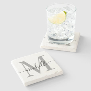 Dessous-de-verre En Pierre Nom de monogramme gris blanc moderne écriture élég